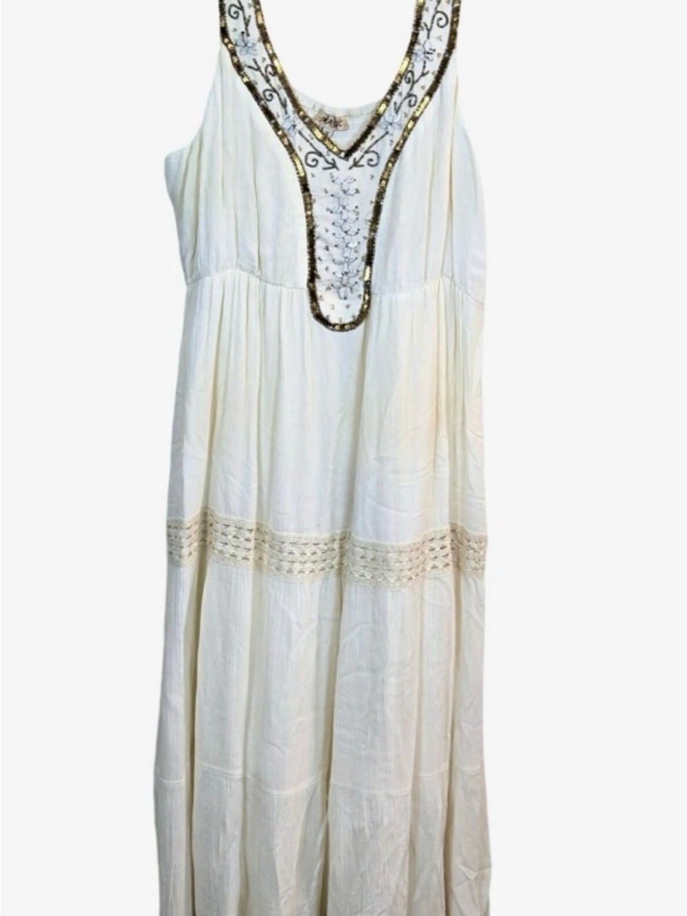 Magic Cream Maxi Dress with Embroidered Beaded V-Neck